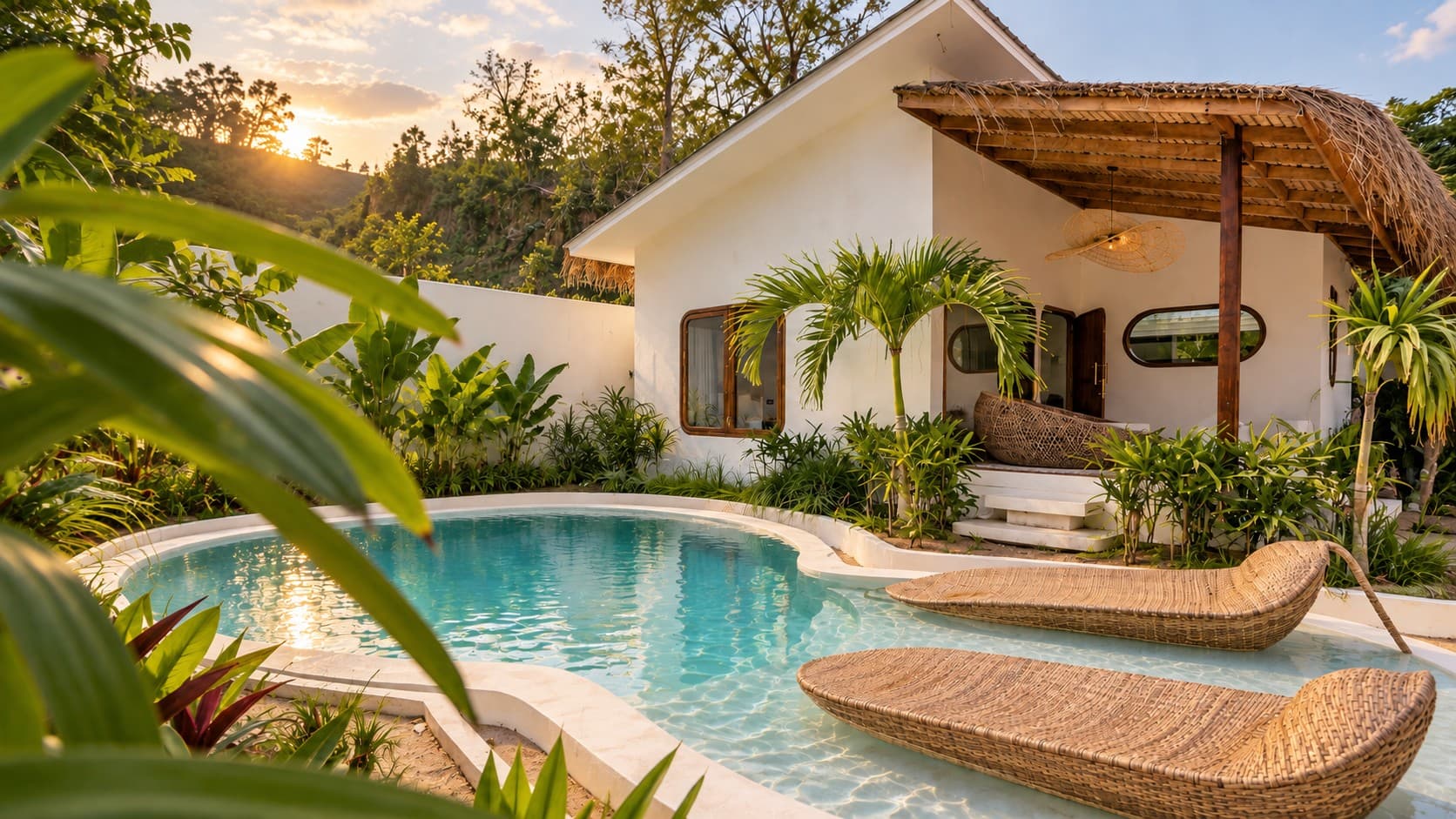 The pool and garden at Xamaras Villa at sunset