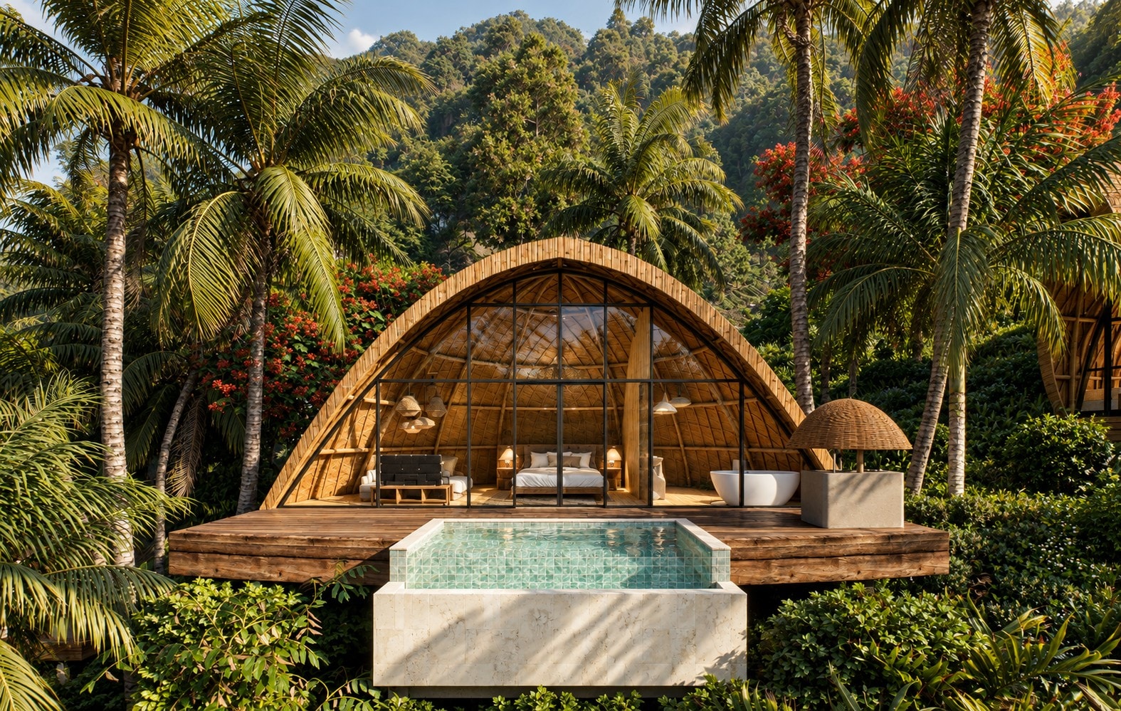 The Crescent Villa, defined by its arched bamboo silhouette.