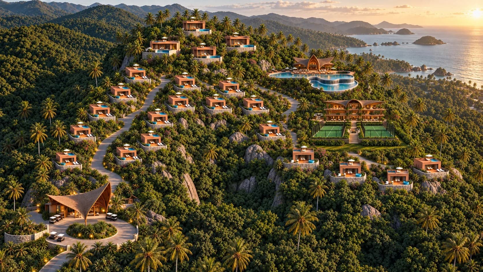 Aerial view of the Xamaras Wellness Retreat estate at sunset, villas stepping down the hillside toward the sea