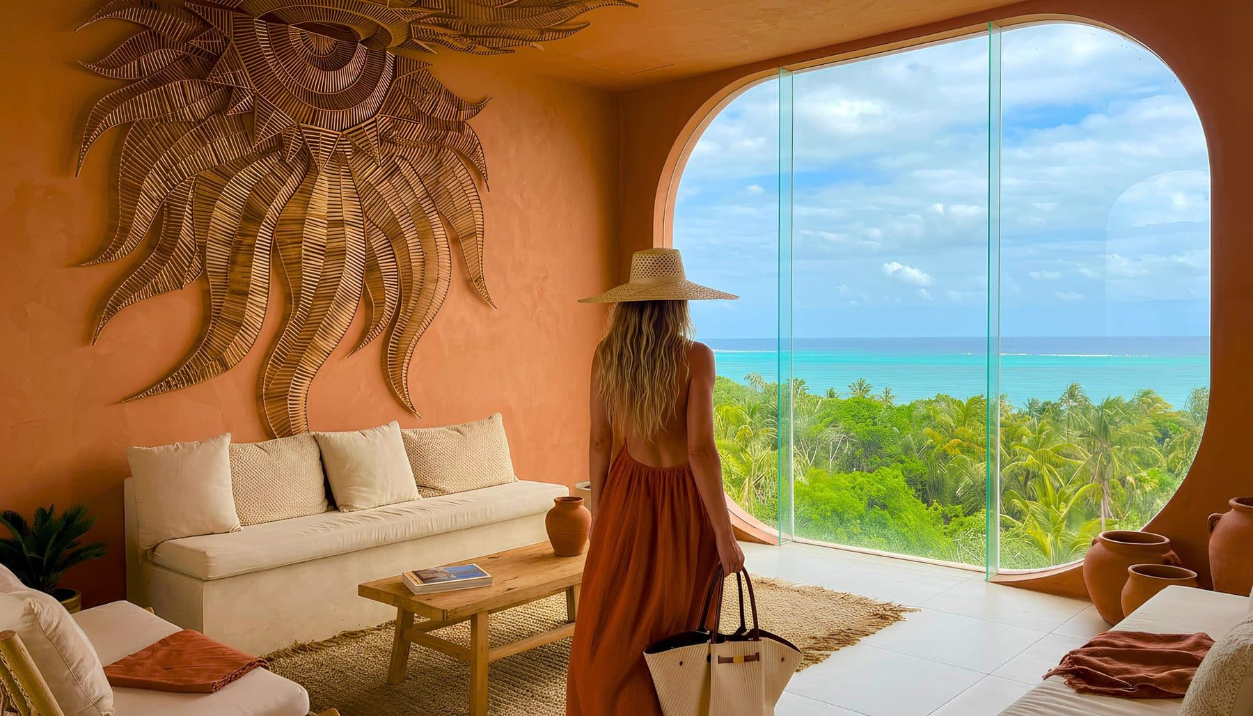 Guest at a villa window, Xamaras Wellness Retreat